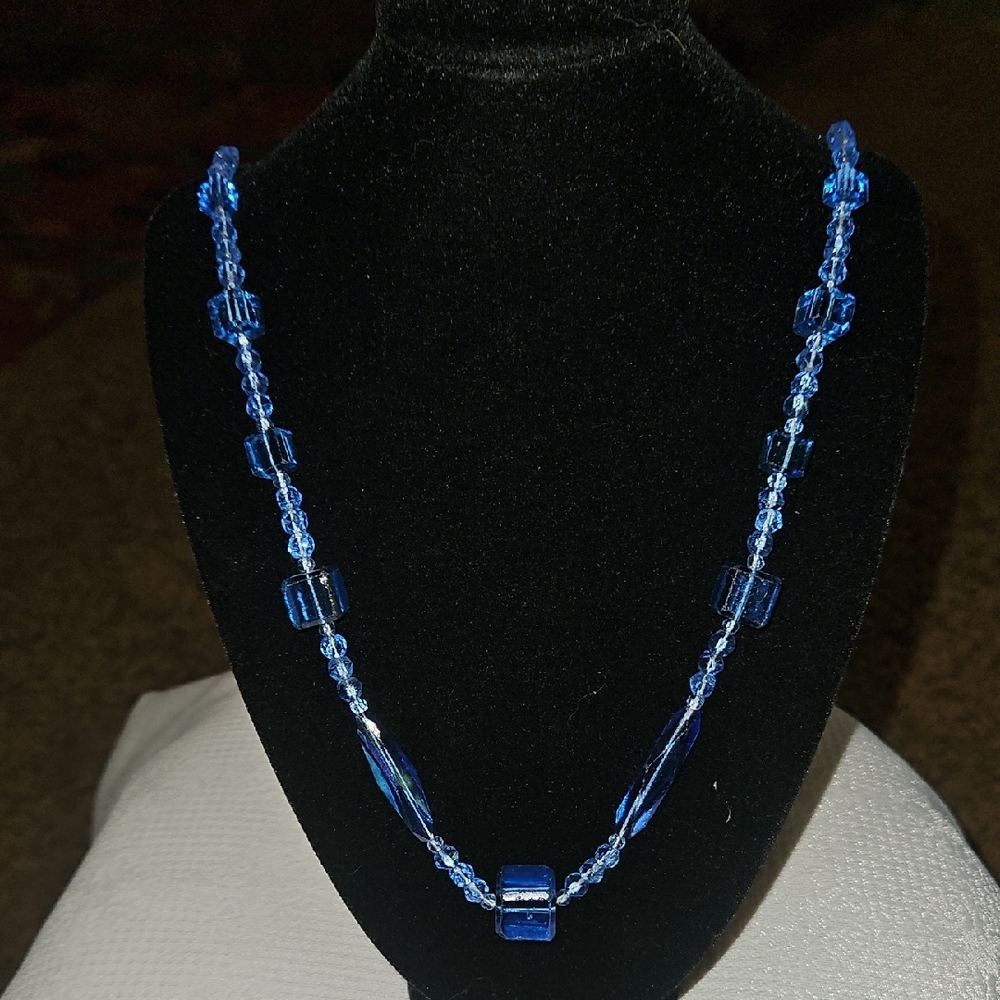 Glass Blue Beaded Necklace 14kt Clasp 30"